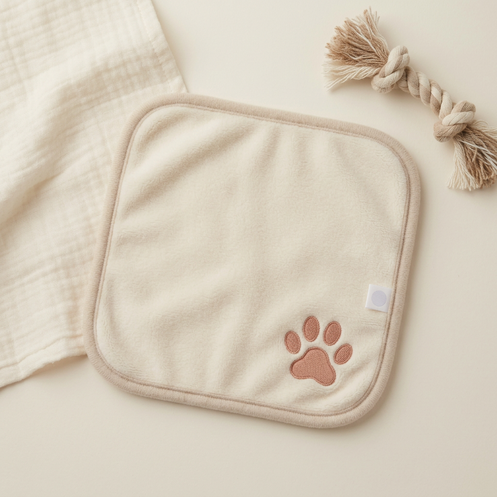 The MyHuman comfort cloth in warm cream cotton with a stitched paw emblem