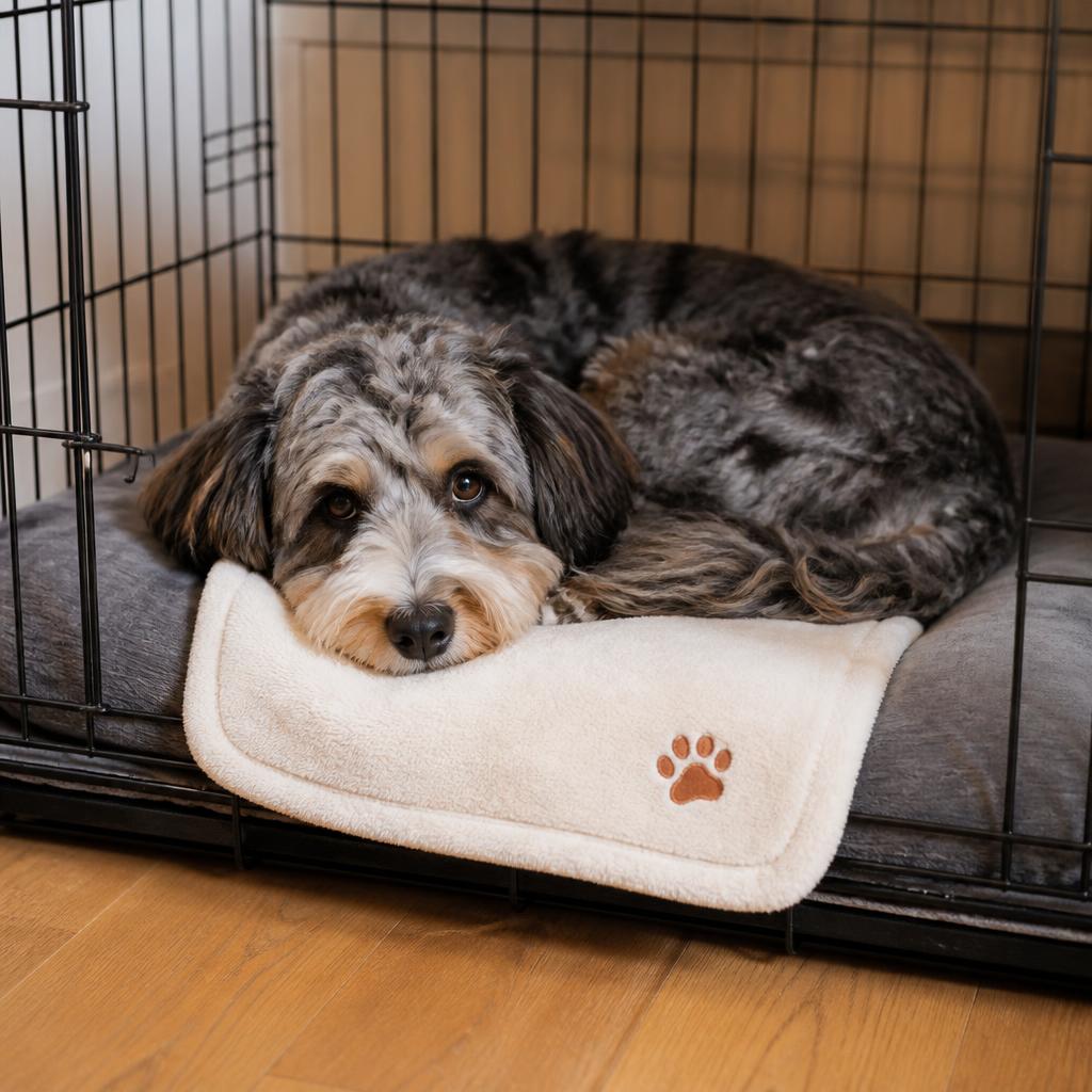 A small Aussiedoodle resting calmly in a kennel on a MyHuman comfort cloth